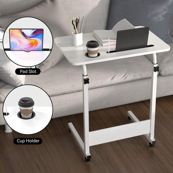 Tragbarer Beistelltisch 60x40cm mit verstellbarer Höhe 69-85cm, Rollbarer Tisch von Bett Sofa für Computer, Leicht zu bewegen mit Rollen für Wohnzimmer, Büro und Schlafzimmer, Mehrzweck mit Schlitz für Tablet + Becherhalter, Weiß / Eiche