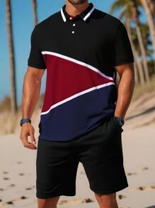 男士夏季户外度假休闲撞色 Polo 衫和短裤套装