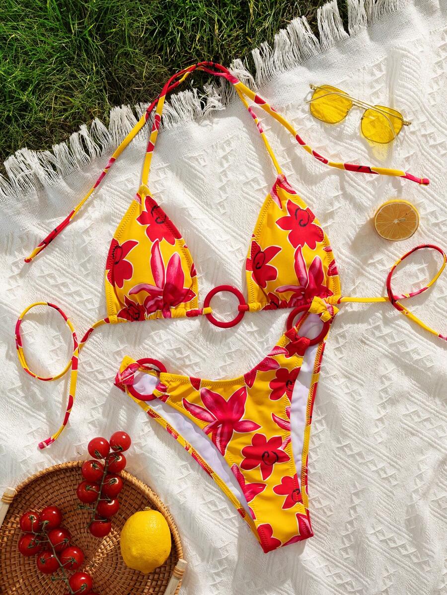 全新柔软印花前装饰细肩带吊带派对比基尼套装，优雅女士沙滩装时尚夏季