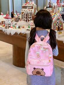 1 pieza de mochila de tela de nailon con estampado de letras de dibujos animados para niños y niñas, lindo bolso escolar para estudiantes en el campus, mochila pequeña y de moda adecuada para viajes diarios