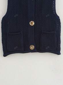 Women Fashion Sleeveless Coarse Needle Knitting Vest Sweater Female Chic Big Pockets Patch Buttons Cardigan Waistcoat Tops
