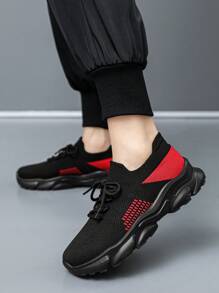 Zapatillas deportivas de malla de tejido de punto con cordones, estampado de puntos y bloques de color, versátiles, casuales, ligeras, cómodas, con suela gruesa para hombre - negro rojo - Ver 7
