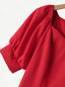 ZANZEA Women V Neck Puff Short Sleeve Party A-Line Loose Swing Midi Dress Summer Holiday Casual Dresses - 紅色 - 查看 6