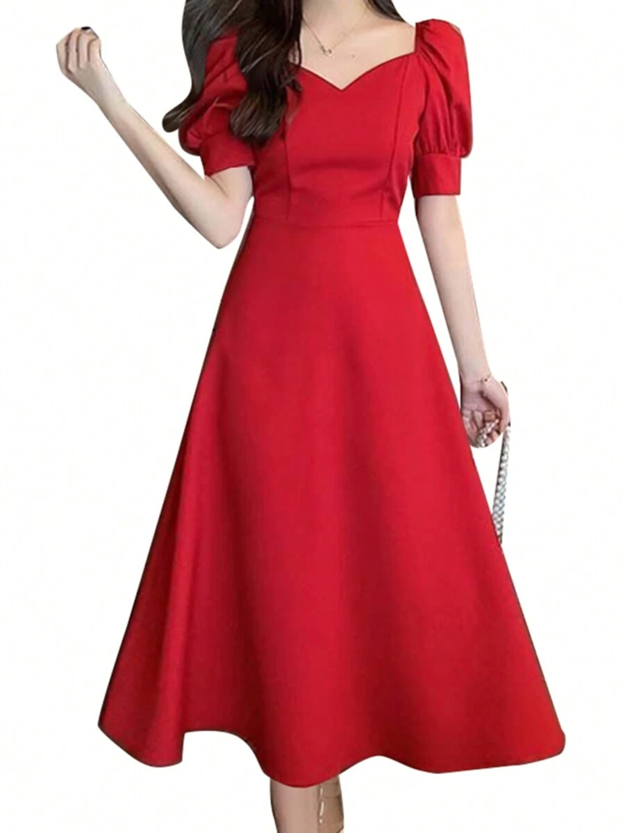 ZANZEA Women V Neck Puff Short Sleeve Party A-Line Loose Swing Midi Dress Summer Holiday Casual Dresses - 紅色 - 查看 1