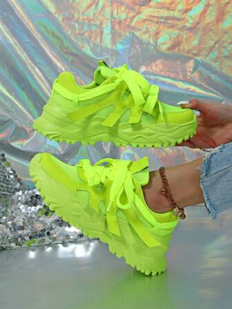 Women's Comfortable Breathable Durable Platform Round Toe Lace-Up Casual Chunky Sneakers, Street Sports Style Suitable For Parties, Gatherings, Neon Green, Fashionable & Casual Walking Shoes