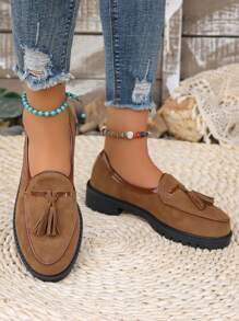 Mocassins décontractés à franges, plateforme rétro, bout pointu, plates-formes pour femmes