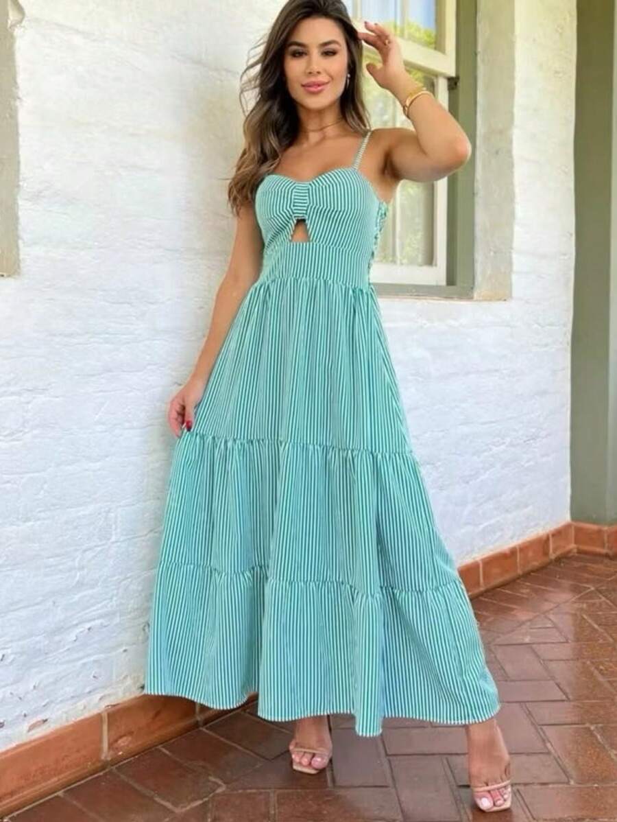 Long Dress With Straps And Striped Cups In Crepe Fabric H-2 - Green - View 1