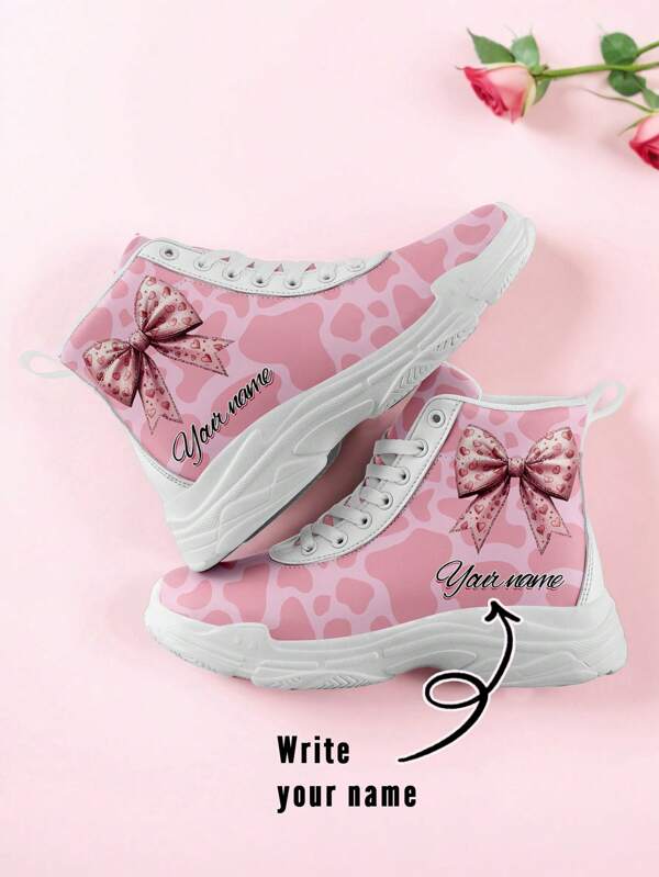 Custom Valentine's Day PU High-Top Boots, Personalized Name Design, Unique Romantic Gift For Him & Her, Cute Heart Bandage Pattern,Waterproof, Warm, Comfortable, And Non-Slip, Perfect For Couples, Anniversary, Or Special Occasions