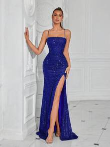 ADYCE Đầm maxi xẻ tà, hở lưng, xếp ly đính sequin dành cho nữ, thích hợp cho tiệc tùng, sự kiện, đám cưới, các dịp trang trọng, tiệc chiêu đãi. - Xanh đậm - Xem 1