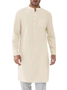 Runcati Men's Casual Cotton Kaftan Robe Button Down Long Sleeve Henley Thobe Side Split Gown - 米色 - 查看 2