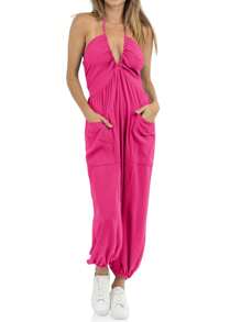 Women's Casual Halter Jumpsuit With Deep V Neck Jogger Long Pants For Beach Or Everyday Wear - Màu Hồng Tươi - Xem 4