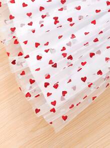 Young Girl Solid Color Ribbed Short Sleeve Top + Heart Mesh Skirt 2 Pieces Set Heart Crossbody Bag, Summer - Red - View 8