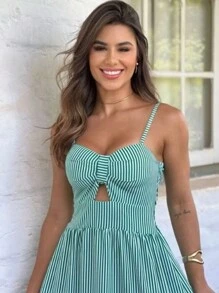 Long Dress With Straps And Striped Cups In Crepe Fabric H-2 - Turquoise - View 2