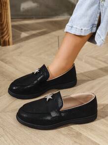 Children Fashionable Slip-On Solid Color Sparkly Star Decor Comfortable Casual Versatile Flat Loafers - Black - View 1