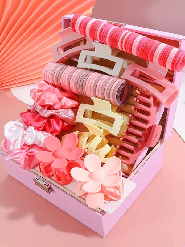 VBOOR 53/105/110 Stück/Set Rosa Valentinstag Damen Mode Haaraccessoires - Inklusive Blumen & geometrische Plastik-Haarspangen, Haargummis, Haarreife - Geeignet für Frauen & Mädchen, für den täglichen Gebrauch & Partynutzung