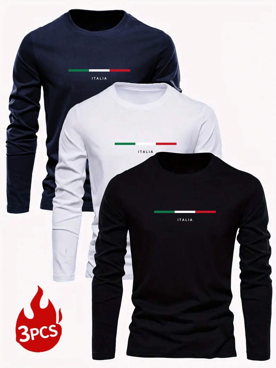 Bộ 3 áo thun dài tay in chữ thường ngày cho nam, mùa thu - Đen và trắng - Xem 1