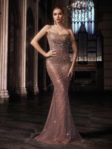 QOQ Gentle Style Champagne Color Hot Drill Rhinestone Mesh Strapless Women Gown Dresses For Evening Party,Banquet