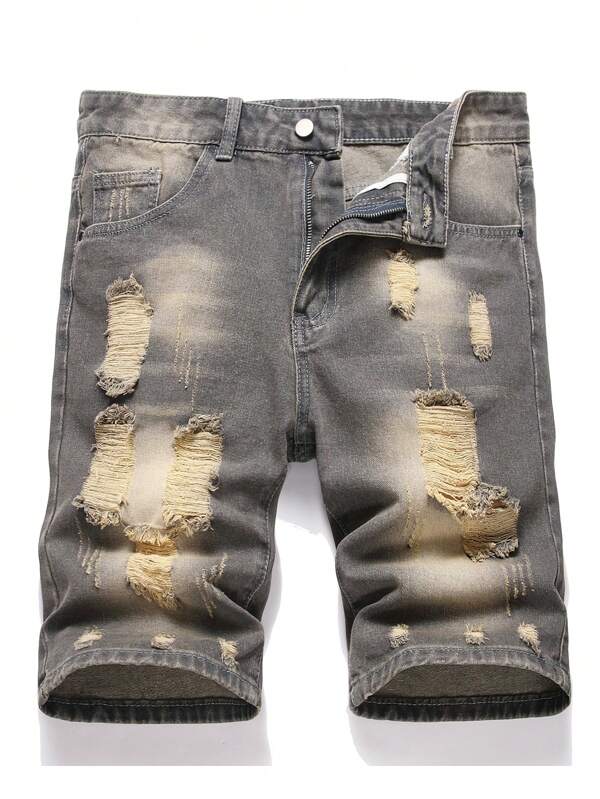 Men's Distressed Slim Fit Straight Leg Denim Capri Shorts