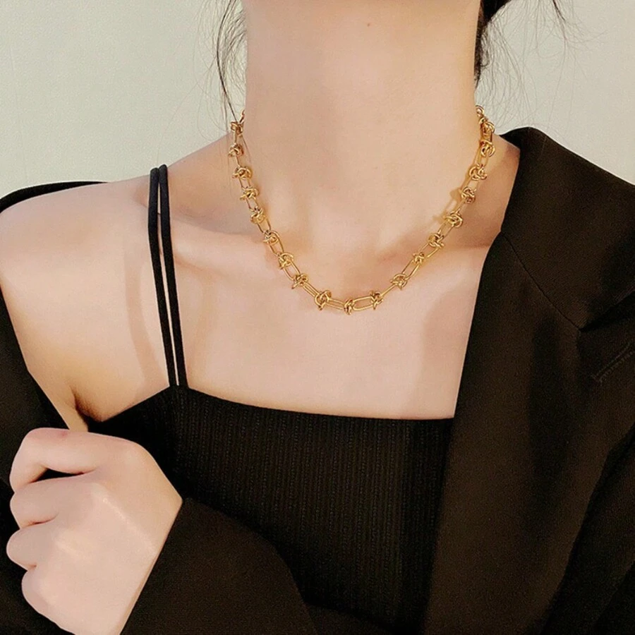 1 件/套不锈钢结饰项链，18K 镀层简约风格，适合约会、派对、办公室佩戴 - 金黃色 - 查看 1