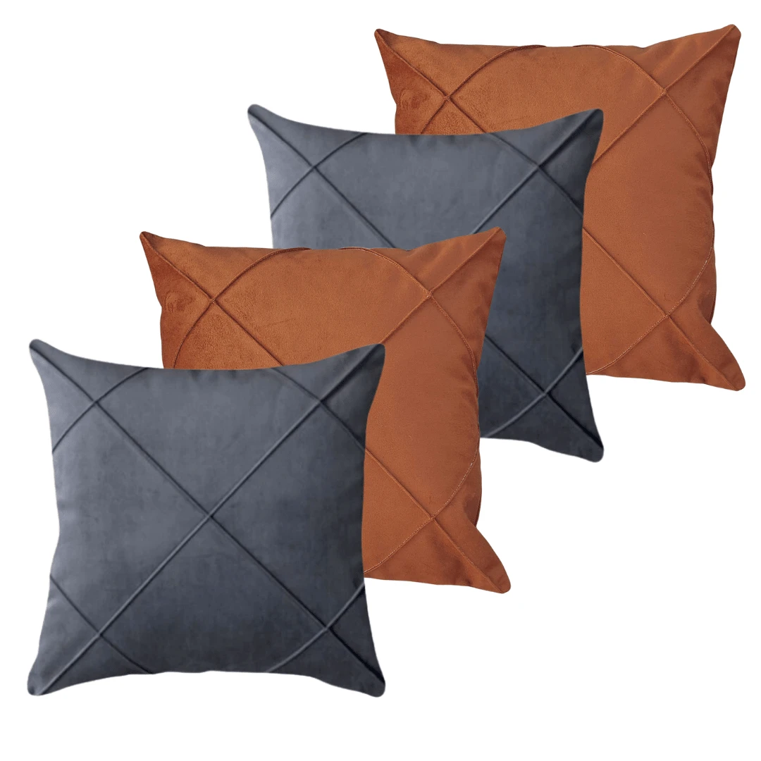Kit Of 4 Draped Suede Cushion Covers 45x45 With Invisible Zipper - 2 Gray + 2 Terracotta. - View 1