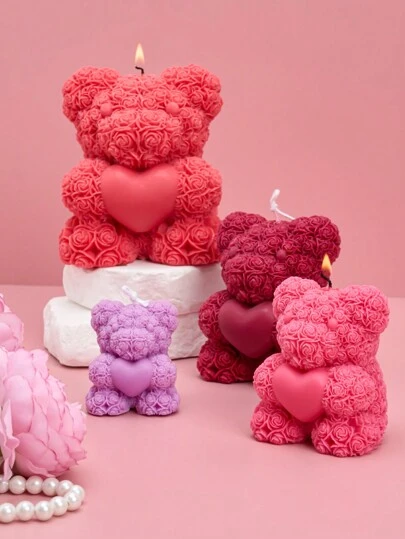 1 件心形熊蜡烛硅胶模具，浪漫玫瑰熊适用于家居装饰、房间装饰、婚礼装饰、DIY 香薰蜡烛、手工环氧树脂石膏模具、女性冬季礼物、情人节礼物