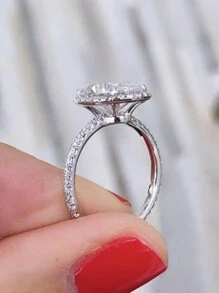 1pc Oval Synthetic Zirconia Engagement/Wedding Ring, Elegant Luxurious Gift For Women, Romantic Commemorative Ring - Silver - View 2