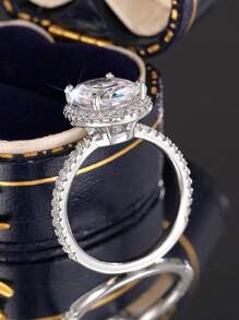 1pc Oval Synthetic Zirconia Engagement/Wedding Ring, Elegant Luxurious Gift For Women, Romantic Commemorative Ring - Silver - View 5