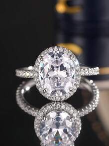 1pc Oval Synthetic Zirconia Engagement/Wedding Ring, Elegant Luxurious Gift For Women, Romantic Commemorative Ring - Silver - View 3