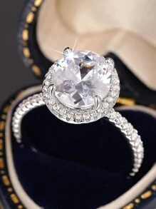 1pc Oval Synthetic Zirconia Engagement/Wedding Ring, Elegant Luxurious Gift For Women, Romantic Commemorative Ring - Silver - View 6