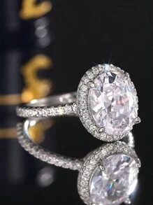 1pc Oval Synthetic Zirconia Engagement/Wedding Ring, Elegant Luxurious Gift For Women, Romantic Commemorative Ring - Silver - View 4