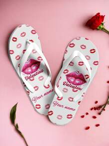Customized Flip Flops For Couples, Personalized Name Design With Lips & Kiss Patterns, Romantic Valentine's Day Gift, Customize His & Hers Sandals For Anniversaries, Birthdays, Honeymoons, Unique Couple Matching Shoes - Multicolor - View 2