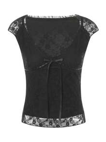 Women Y2k Lace Floral Shirt Top Fairy Lace Trim Short Sleeve V Neck Bow Front Tie Up T Shirts Slim Fit Tees Crop Top Summer Going Out Tops Club Streetwear - 黑色 - 查看 7