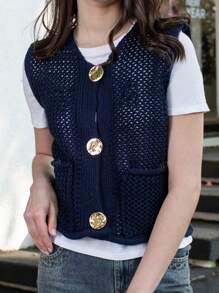 Women Fashion Sleeveless Coarse Needle Knitting Vest Sweater Female Chic Big Pockets Patch Buttons Cardigan Waistcoat Tops
