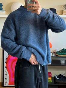 Autumn/Winter Warm European/American/Korean Loose Casual Solid Color Street-Style Unisex Knit Pullover Sweater, Unique Design, Relaxed Fit Round Neck Fluffy - Blue - View 2