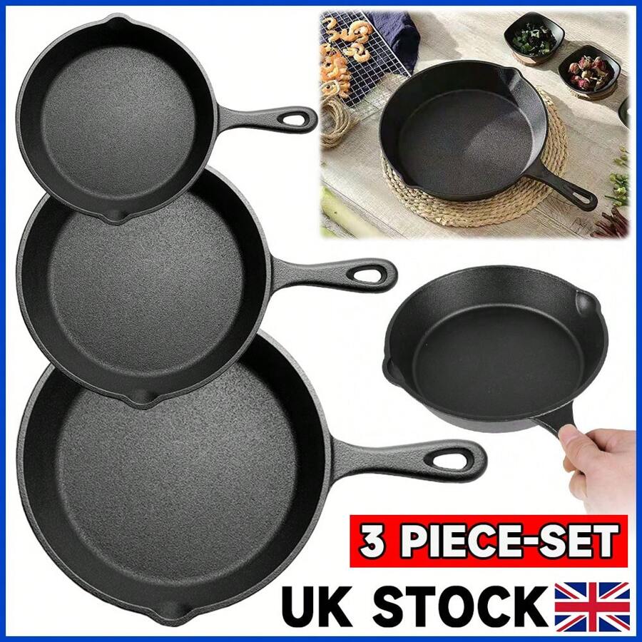 Kitchen Saute Fry Pan - Pre-Seasoned Cast Iron Skillet Set 3-Piece - Frying Pan - 6 Inch, 8 Inch And 10 Inch Cast Iron Set (Black) - Black - View 1
