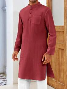 Runcati Men's Casual Cotton Kaftan Robe Button Down Long Sleeve Henley Thobe Side Split Gown - Màu Đỏ Sâu - Xem 4