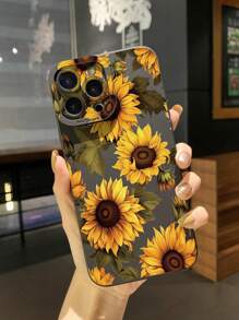 1 pieza Funda de teléfono a prueba de golpes con diseño de girasol compatible con Apple, compatible con Galaxy, compatible con Infinix, compatible con Redmi, compatible con OPPO, compatible con VIVO, compatible con Realme - Negro - Ver 2