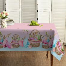 1 peça toalha de mesa com tema de Páscoa, padrões de ovos de Páscoa e cesta de flores, capa de mesa rosa, toalha de mesa feliz Páscoa, decoração de mesa com tema de primavera para casa, decoração de Páscoa, presentes de Páscoa - Rosa - Ver 5