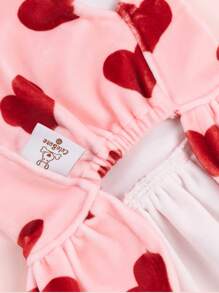 1 Pc Heart Printed Spandex Crystal Velvet Dress With Bow Ribbon, Perfect For Wedding Parties, Staycations - Pink - View 7