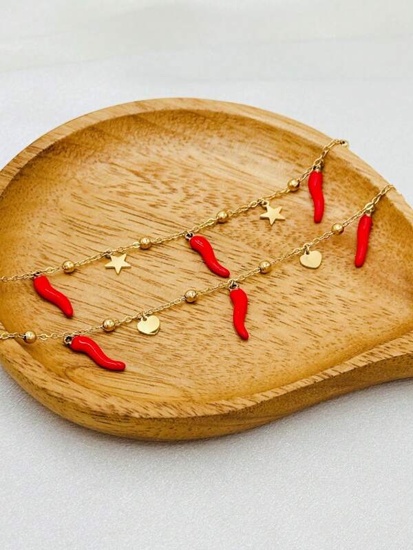 1pc Stainless Steel Star, Heart & Chili Pepper Decor Bracelet For Women Valentines,Mom,Mother,Mother's Day,Gift