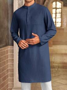 Runcati Men's Casual Cotton Kaftan Robe Button Down Long Sleeve Henley Thobe Side Split Gown - 藏蓝色 - 查看 4