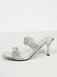 Nuevos Sandalias de tacón fino abiertas de dedo, elegantes y casuales, con correa cuadrada y dos líneas paralelas con diamantes de imitación, cómodas y adecuadas para el verano, para mujeres de talla grande - Plateado - Ver 6