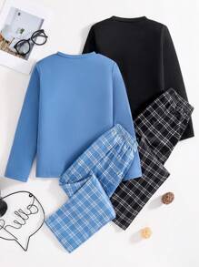 适合男生的时尚休闲家居服4件套，包括一件印有“Hi”字样的长袖上衣和格纹直筒裤，黑色和蓝色组合多件套，面料舒适，适合家居穿着 - 彩色 - 查看 3