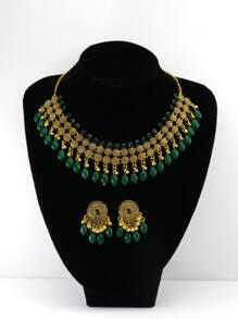 1 Set: 1 Pair Geometric Rectangle Chain Necklace + 1 Pair Colorful Beaded Tassel Dangle Earrings, Alloy Material, Classical Style, Rhinestone Inlaid, Suitable For Holidays, Parties, Vacations, Events, For Women - Multicolor - View 4