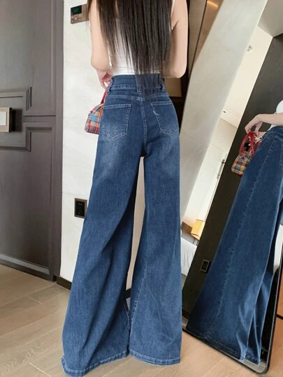 新款女式高腰宽松阔腿牛仔裤，大下摆设计