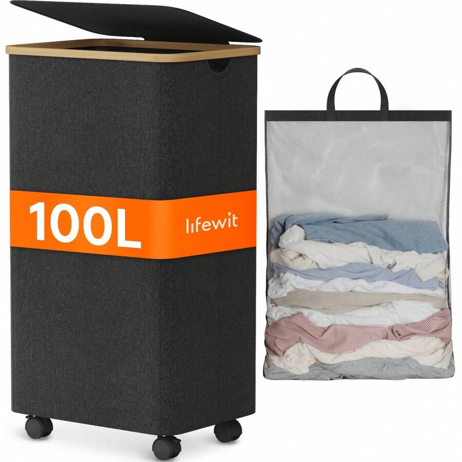 Large Rolling Laundry Hamper With Lid, 100L Laundry Basket With Wheels, Collapsible Bamboo Dirty Clothes Hamper With Handles & Removable Bag For Bathroom Bedroom Dormlaundry Hamper,Washing Basketbathroom Organizer,Basket,Storage Basket,Foldable Laundry Basket - Gray - View 1
