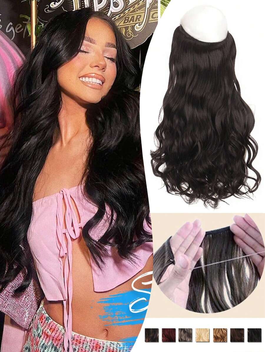 Synthetic No Clip Wave Hair Extensions Ombre Natural Black Blonde Pink One Piece False Hairpiece Fish Line Wig Piece Synthetic No Clip Invisible Wire Hair Extensions Straight Black Blonde One Piece False Hairpiece Hair Extension - Multicolor - View 1