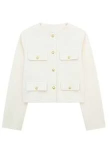 Women's Everyday Fashion Wear Tweed Jacket, Round Neckline Trim Long-Sleeved Solid Color Jacket Casual White Spring - White - View 3