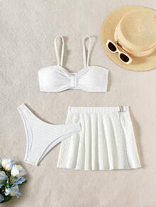 New Sexy Solid Ruched Crop Top & Bottom Bikini Set With Beach Skirt, For Summer Vacation