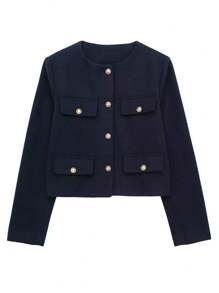 Women's Everyday Fashion Wear Tweed Jacket, Round Neckline Trim Long-Sleeved Solid Color Jacket